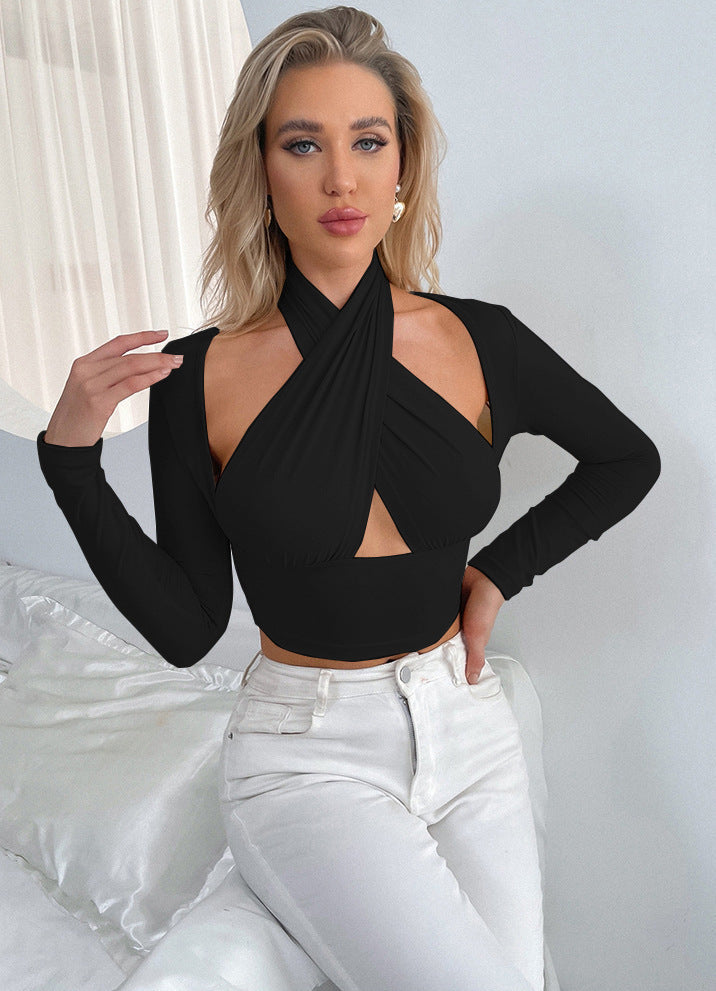 Elegantes Damen Oberteil mit Kreuzkragen – Slim Fit Langarm Shirt